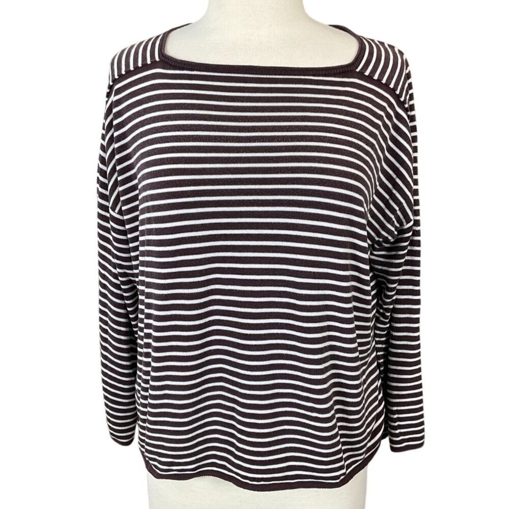 Eileen Fisher XL Seamless Sleek Tencel Brown & White Striped Pullover Sweater